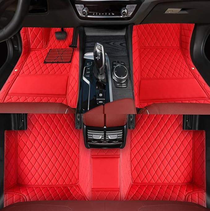 Custom Personalized Floor Mats for Cars，Luxury Full Coverage All Weather Car Floor Mats，Anti-Slip Leather Car Mat Set ，Custom Floor Mats for 99% of Cars, Trucks & SUVs (Pure red)