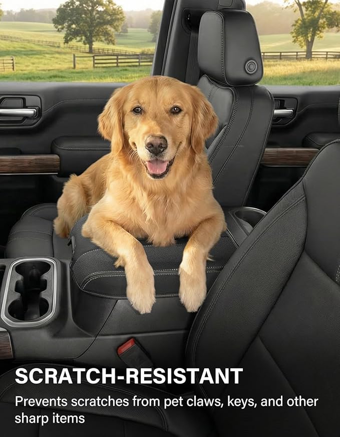 Center Console Armrest Cover for Chevy Chevrolet Silverado 1500/GMC Sierra 2019-2026, Yukon/Tahoe/Suburban 2021-2026, PU Leather Middle Console Lid Protector Cushion Thick Pad Black-Gray(Bucket Seat)
