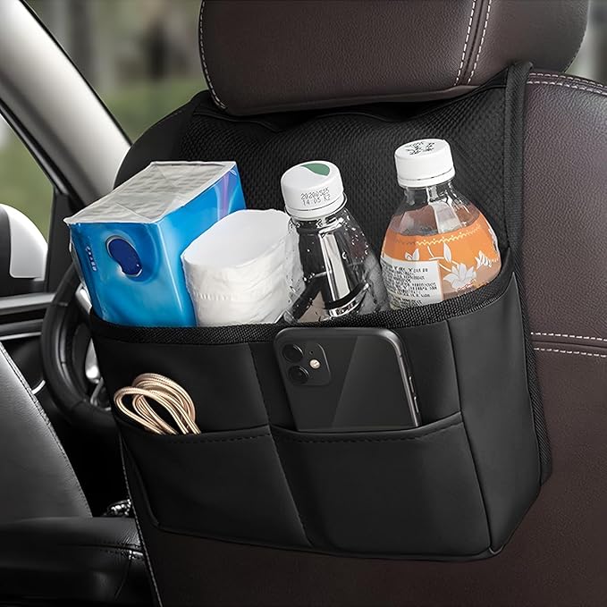 Car Seat Back Organizer, Multipurpose Leather Vehicle Backseat Hanging Bag Holder with Pockets, Large Capacity Automotive Interior Storage Box Accessories, Universal Fit (Black)