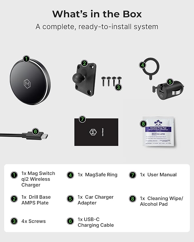MagSwitch Qi2 Magsafe Car Mount Charger - Magnetic Cell Phone Holder with AMPS Plate Mount, 15W Fast Charger with a Built in On/Off Switch for Charging, Compatible with iPhone & Samsung