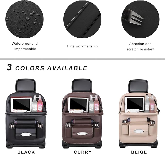2PCS Car Backseat Organizer, Leather Multi-Pocket Seat Back Protector with Foldable Table Tray, Multifunctional Vehicle Storage Organizer Kick Mat for Kids Toddler Travel (Coffee)