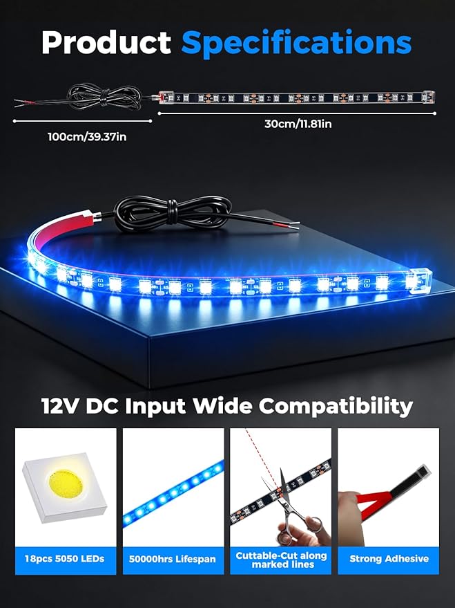 LED Strip Lights 12V Cuttable IP68 Waterproof 12 Inch Interior Exterior Underbody Light for Car SUV Truck Motorcycle Boat Golf Cart 18 SMD 5050 Blue 4 Pack