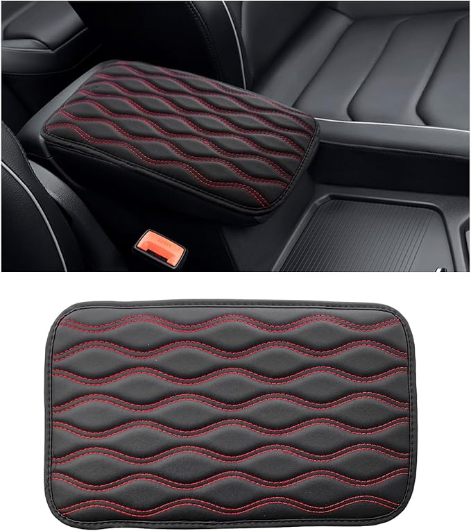 Car Center Console Pad, Waterproof Auto Armrest Seat Box Cover, PU Leather Arm Rest Protector Cushion Pad, Universal Vehicle Interior Protection Accessories for Car SUV (Black & Red)