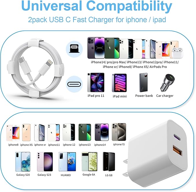 20W Dual Port Fast Charger Block 2-Pack with 6FT & 10FT MFi-Certified Cables, PD/QC3.0 Quick Charge Adapter for iPhone 14/13/12/11 Pro Max/XS/XR/X, iPad, AirPods Pro - Overheat & Surge Protection