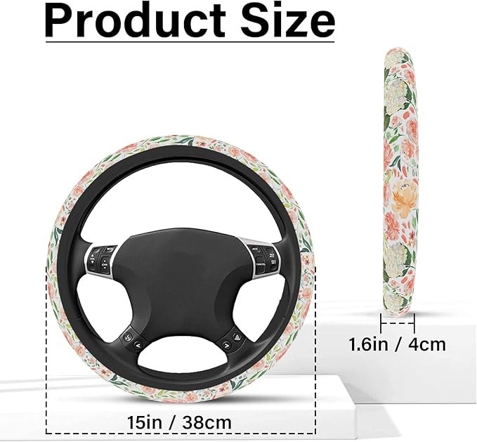 Colorful Flowers Steering Wheel Cover, Cute Printing Steering Wheel Cover Protector for Women, Ultra-Thin with Personalized Pattern Design, for Steering Wheel with a Diameter of 14.5"-15"