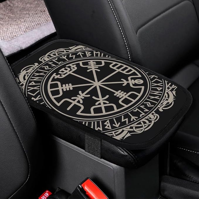for Black Celtic Viking Design Magical Runic Comp Car Center Console Armrest Cover Car Handrail Box Cushion Handrail Box Armrest Cushion Middle Consoles Protector for Most Car