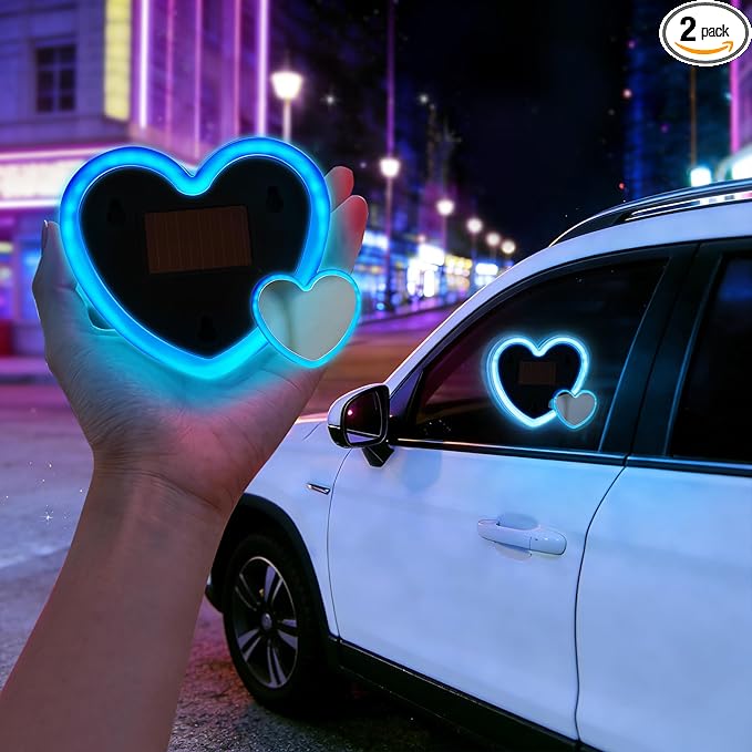 2PCS Solar Heart Lights for Car Window - Auto On/Off at Night, No Wiring Needed, Waterproof Romantic Gift for Her/Him, Car Gift Anniversary, Windshield Dashboard Decoration (Blue)