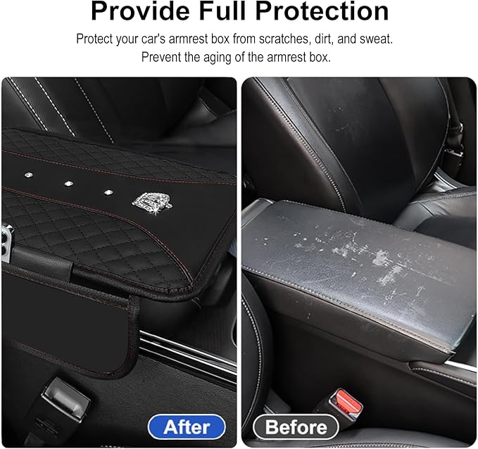 NBTEPEM Bling Crown Car Center Console Armrest Cover, Leather Middle Console Cover Cushion with 2 Storage Bags, Car Armrest Storage Box Interior Accessories for Most Vehicles(Black)