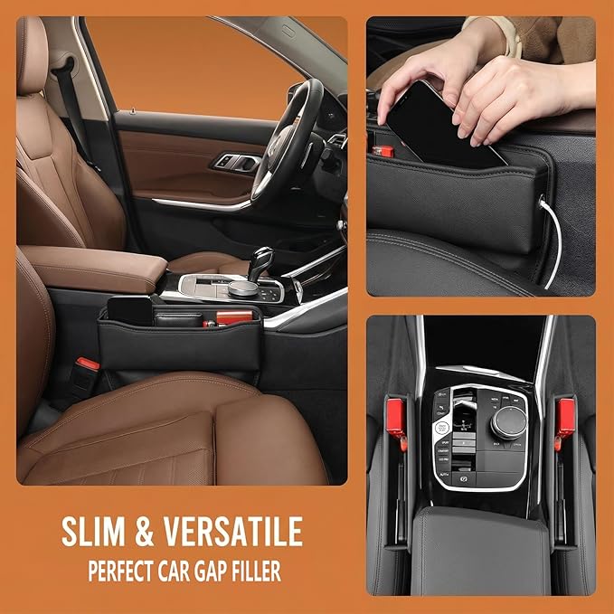 2PCS Car Seat Gap Filler Organizer,Large Capacity Car Center Console Organizer for Storing Keys/Phones/Cards,Leather Front Seat Organizers with 2 Charging Cable Holes