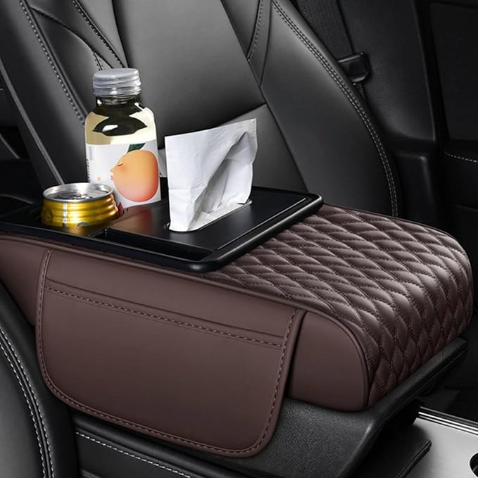 5-in-1 Car Armrest Pad Cushion, Water Ripple Embossed Center Console Booster Pad with Tissue Box, Cup Holder, Storage Bag, Phone Slot, Fit for Most Sedan Vehicles (Water Ripple Series, Coffee)
