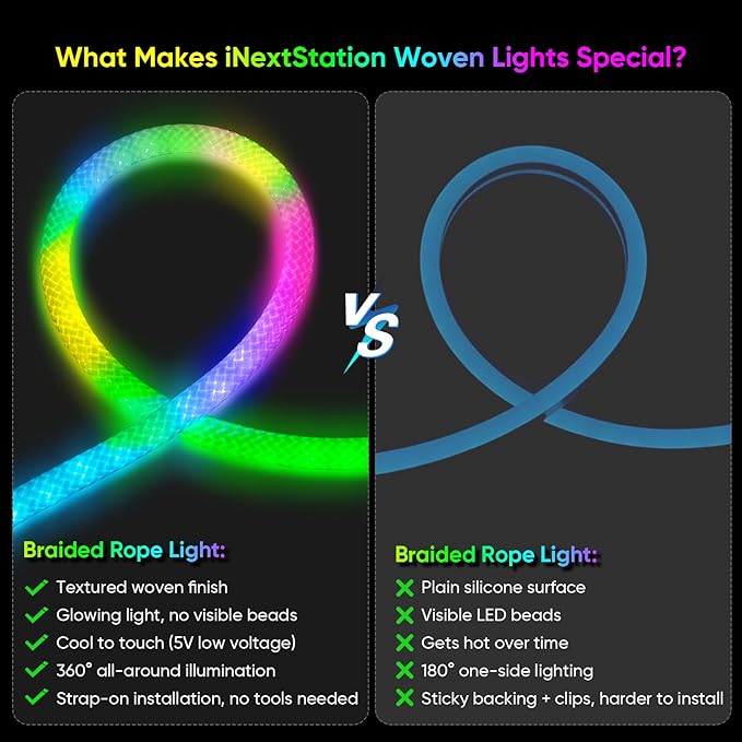 iNextStation 9.84FT/3M LED Strip Lights, 360° Glow Braided Smart IC USB Rope Light, Neon Rope Light with Music Sync, IP67 Waterproof, App & Remote Control Rope LED Lights, Color Changing for Bedroom