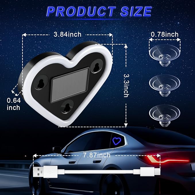 iFunyLED Car LED Interior Lights, Heart-Shaped Ambient Light for Windows, 5 Lighting Modes, Charging Through Type-c and Solar Energy, Car Decorations for Women Men, Pack of 1, (Blue)