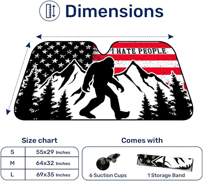 GENANY Bigfoot Patriotic Windshield Sun Shade for Car SUV Truck (55x30 Inches), Sun Shade Windshield, Shades for Windows, Protector Blocks UV, Car Decor