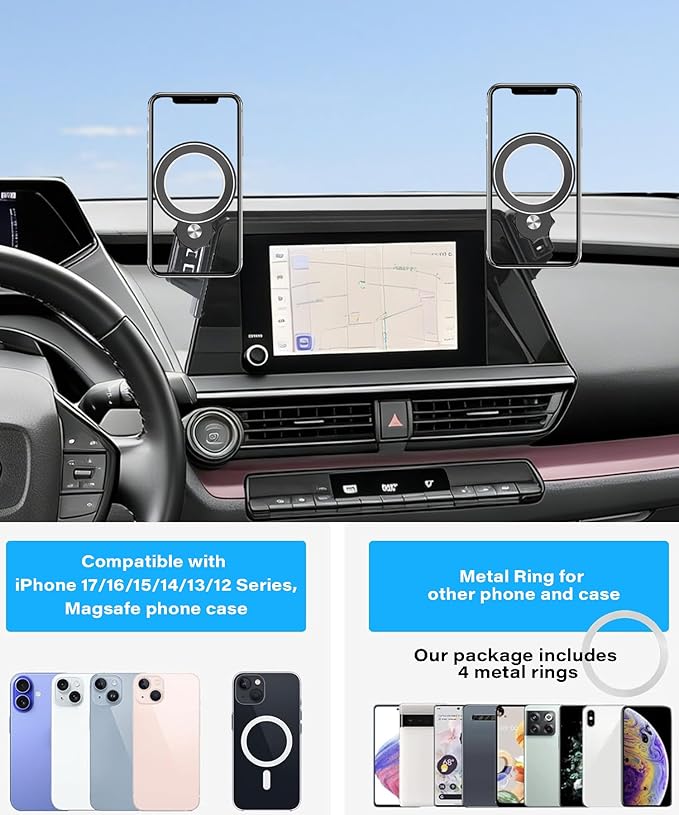Car Phone Holder for Toyota Prius 2023 2024 2025 2026 Accessories Apply to 8 Inch Touch Screen Fixed Clip MagSafe Passenger Cell Phone Mount Handsfree 360° Rotation