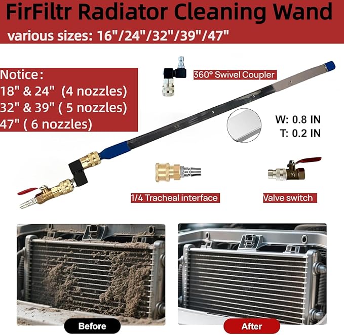32" Radiator Cleaning Wand,Water and Air Dual-Use Cleaner Wand 4500 PSI Pressure Washer Tool for Car Radiator Flush and Washable Air Filter with 360° Swivel Quick Coupler,Switch and Fitting