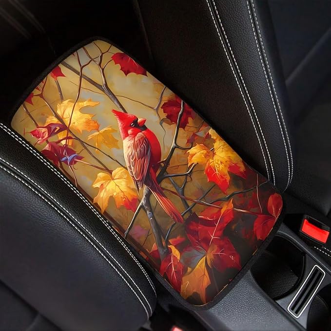 Suobstales Cardinal Maple Leaf Print Car Armrest Pad Soft Center Console Arm Rest Protector Cover Universal Car Interior Accessories Decoration