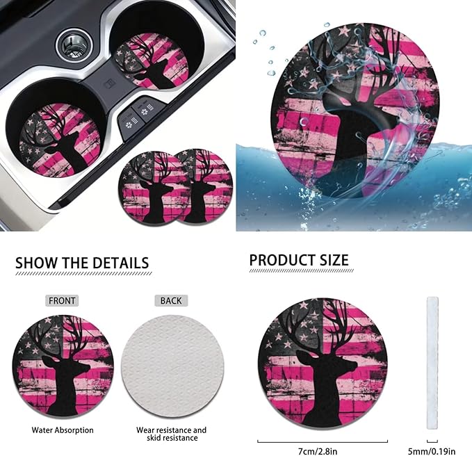 FKELYI Deer American Flag Car Seat & Gear Shift Set, Sugar Skull Steering Wheel Cover, Cup Coasters, Headrest Covers, 10pcs