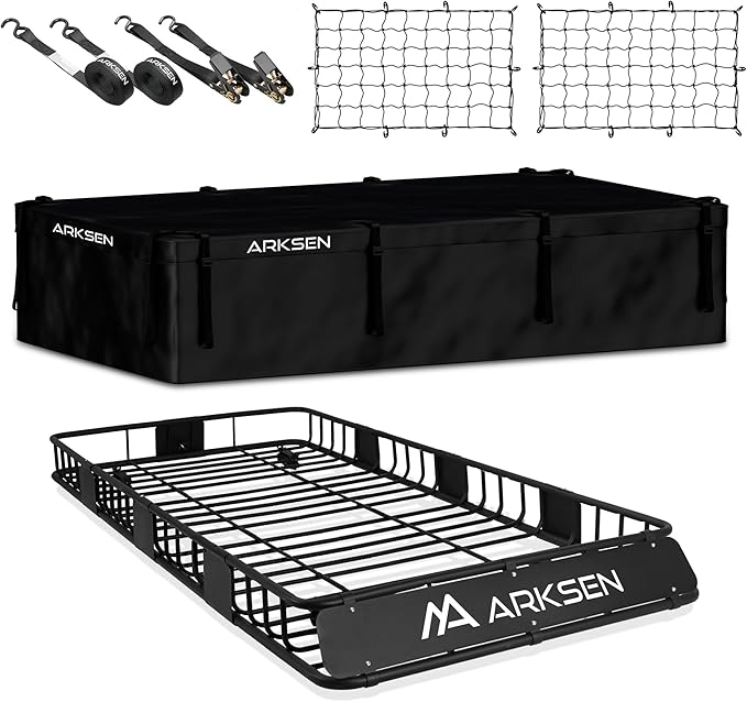 ARKSEN 84" x 39" x 6" Roof Rack Cargo Basket with Extension, Waterproof Bag, 2 Net & 2 Ratchet Straps, 150 lb Heavy Duty Steel Rooftop Carrier, Fits Crossbars up to 1.38" Thick, for SUV & Pickup Truck