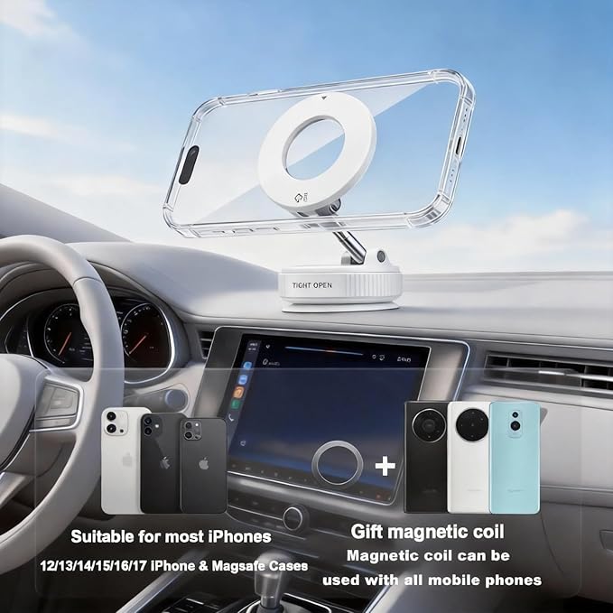 Car Phone Holder 2026 Upgraded, 360° Adjustable Magsafe Car Mount Holder[98 LBS Strongest Suction] Dashboard Windshield Vacuum Magnetic Phone Holder for Your Car fit iPhone & Android