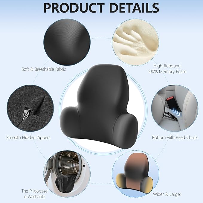 Lumbar Support Pillow with Fixed Chuck | Ergonomic Memory Foam Cushion | Washable Cover | Back Pain Relief & Posture Improvement | Fits Car/Office/Gaming Chairs/Wheelchairs & Home