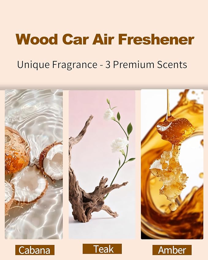 Car Air Freshener-The Original Wood Air Freshener for Visor Clip - Long Lasting Car Odor Eliminator and Scent Diffuser for Cabin, Truck & SUV-Includes 1 Metal Clips-Teak