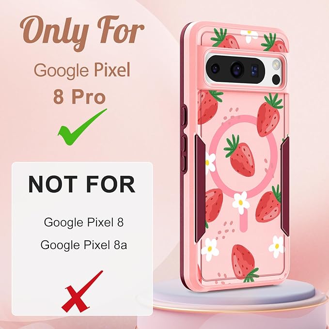 for Google Pixel 8 Pro Case - Compatible with MagSafe Women Girls Cute Magnetic Protective Cover Girly Kawaii Strawberry Heavy Duty Shockproof Design for Google Pixel 8 Pro Phone Cases