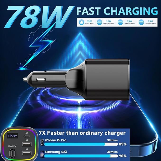 Car Charger USB C, 4in1 Car Phone Charger with USBC Retractable Cable for iPhone Android Fast Charge, AGEMANY 78W Cigarette Lighter Adapter with Voltage Display, 12V/24V Car Accessories Gift (Black)