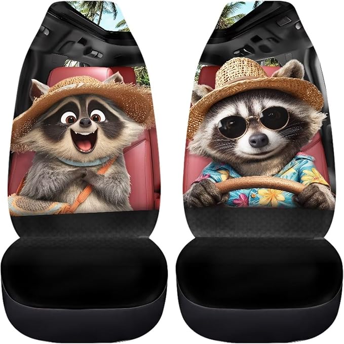 Funny Raccoon Car Seat Cover Front Seats Only,Soft Front Bucket Seat Cover Decorative Saddle Blanket Cushion Cover for Cars Trucks and SUVs