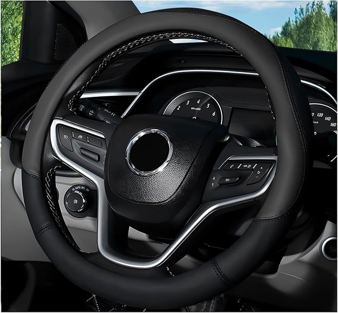 Leather Steering Wheel Cover, 15 Inch Soft Breathable Car Wheel Cover with Anti-Slip Lining, Universal Comfortable Steering Wheel Protector for Most Cars Trucks SUVs (Black)
