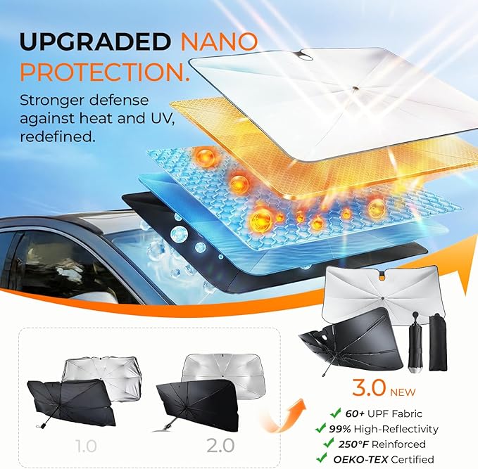 Windshield Sun Shade Umbrella for Tesla Model 3 & Model Y Accessories 2017-2026, UV Block Model Y Sunshade for Car Windshield, Heat Shield Model 3 Sunshade for Front Windshield Car Shade.