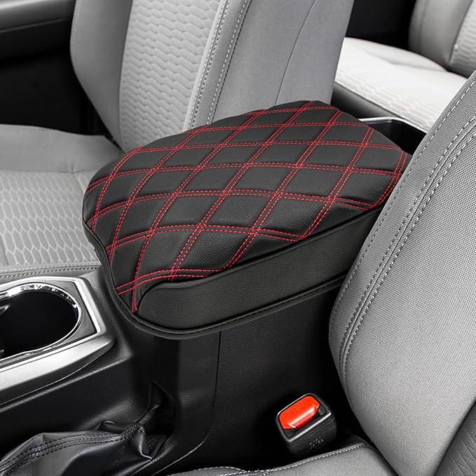 KBH Center Console Armrest Cover for Toyota Tacoma 2016-2023, Interior Accessories, Middle Console Lid Cushion, Arm Rest Cover Protector, Vinyl Leather, Black-Red Stitches