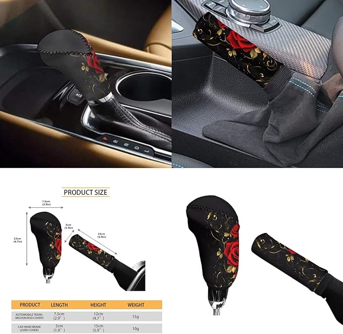 Red Rose 6pcs Car Steering Wheel Cover Set Flower Print Cup Coaster Handbrake Gear Cover Car Interior Accessories Fit Vans Trucks,SUV