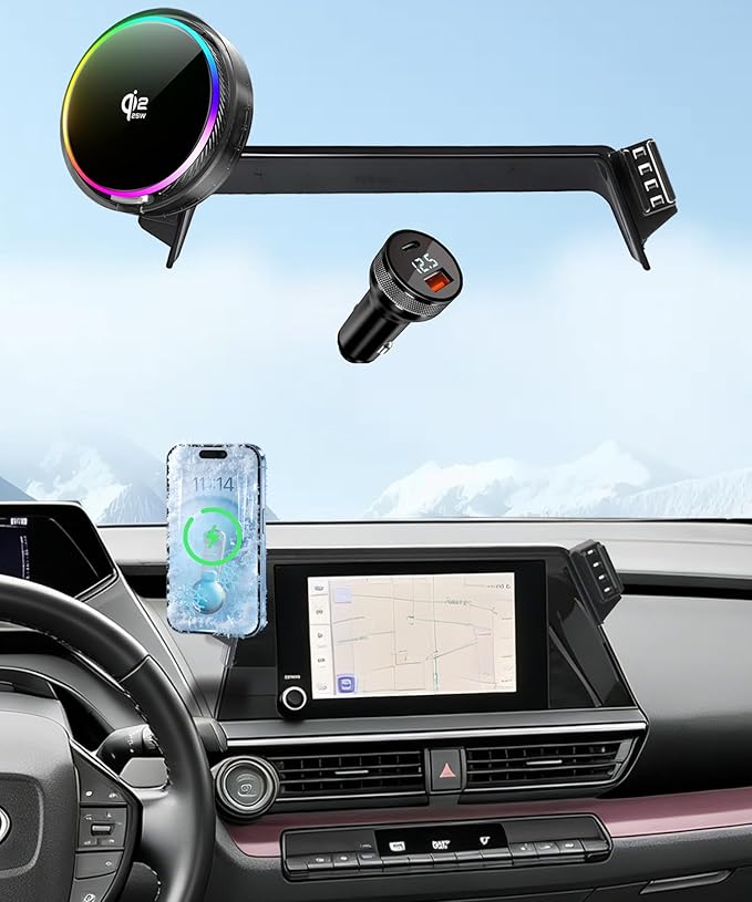 Qi2.2 25W Magnetic Car Mount Charger for 2023 2024 2025 2026 Toyota Prius Accessories, for Fast Charging Cell Phone Holder 8 Inch Screen Fixed Clip with Cooling Fan＆54W Fast Adapter