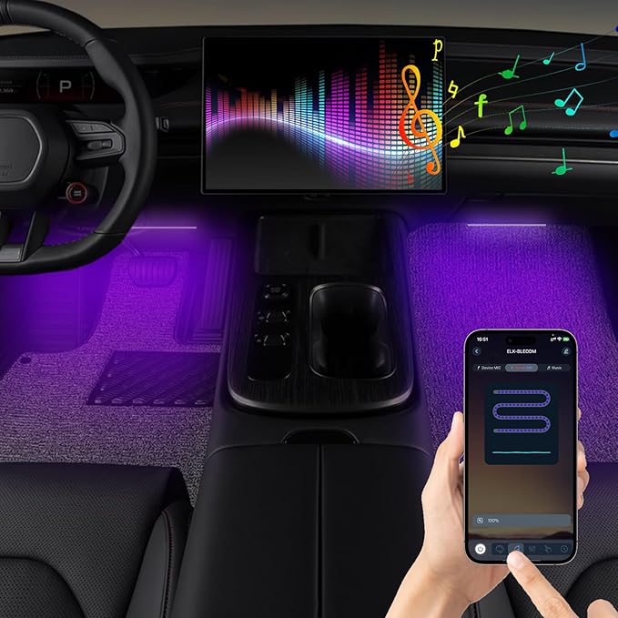 4-in-1 RGB Car Interior Lights with APP Control, Music Sync Mode, 12V LED Strip Light Kit for Car, Truck, SUV – Smart Ambient Lighting with Color Changing & Sound Activated, Car Charger Included