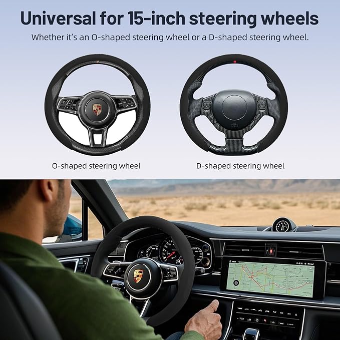 Suede Steering Wheel Cover, Universal 15 Inch Car Steering Wheel Cover, Non-Slip Design,Breathable,Car Interior Accessories Black