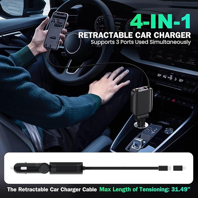 Retractable Car Charger with Starlight, 4 in 1 [120W] USB C for iPhone and Android Car Charger Fast Charging, Compatible with iPhone 16/15/14/13/12/11, Valentines Gifts for Women Men (Black)