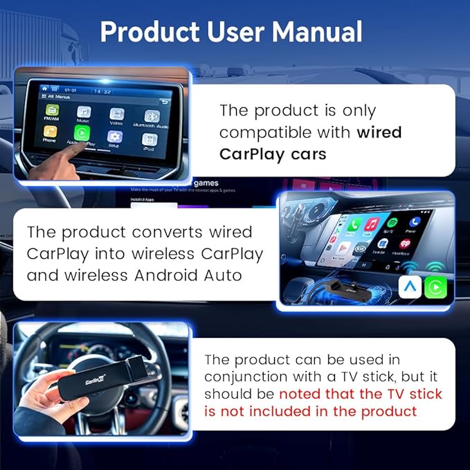 Carlinkit Wireless CarPlay Adapter 3-in-1︱Designed for TV Sticks︱for Wired CarPlay Cars︱Support converting Wired CarPlay to Wireless CarPlay & Android Auto︱Support HDMI Port Fir e TV Sticks inputting