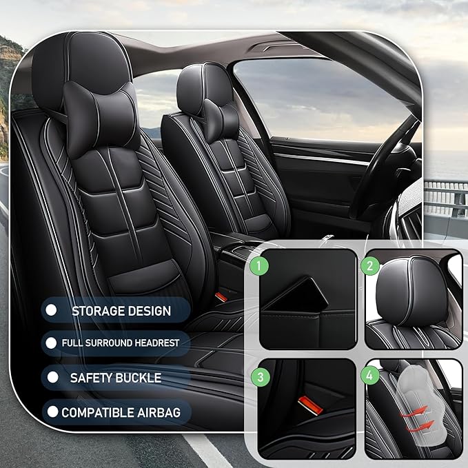 Leather Car Seat Covers Fit for Toyota Prius 2004-2024, 5 Seater Car Seat Cover, Premium Waterproof, Scratch Resistant Car Interior Accessories (Full Set with Pillow Black)