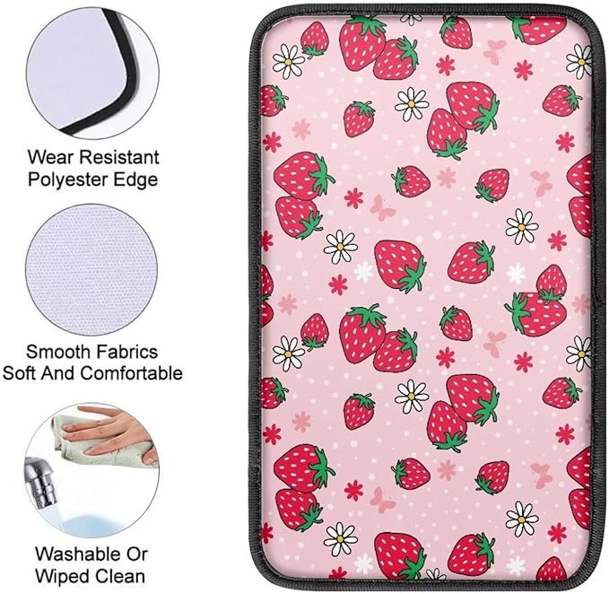 Strawberry Car Center Console Cover for Women Soft Comfy Car Arm Rest Cover Pad Universal Non-Slip Armrest Covers for Truck Van SUV