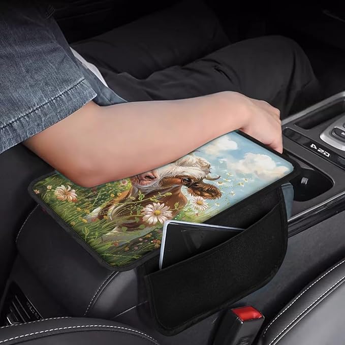 Cow Floral Grass Pattern Car Center Console Cover Anti-Slip Auto Box Cover Protector Lightweight Vehicle Armrest Cover Pad Universal Fit for Most Cars Sedan Truck SUV