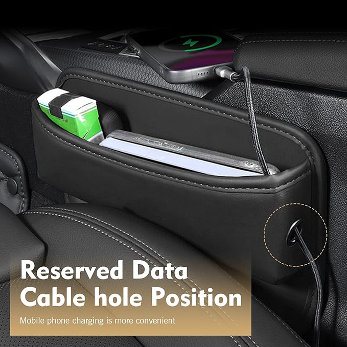 Car Seat Gap Filler Organizer, Waterproof Anti-Slip Leather Front Seat Side Storage Bag for Phones, Keys, Glasses, Cards, Universal for Most Cars (Black)