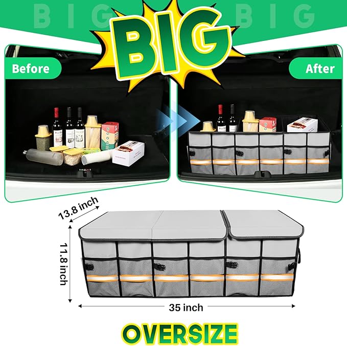 Big Car Trunk Organizer, Cargo Organizer SUV Trunk Storage Non Slip Bottom Waterproof Collapsible Durable Multi Compartments-(Oversize,Gray)