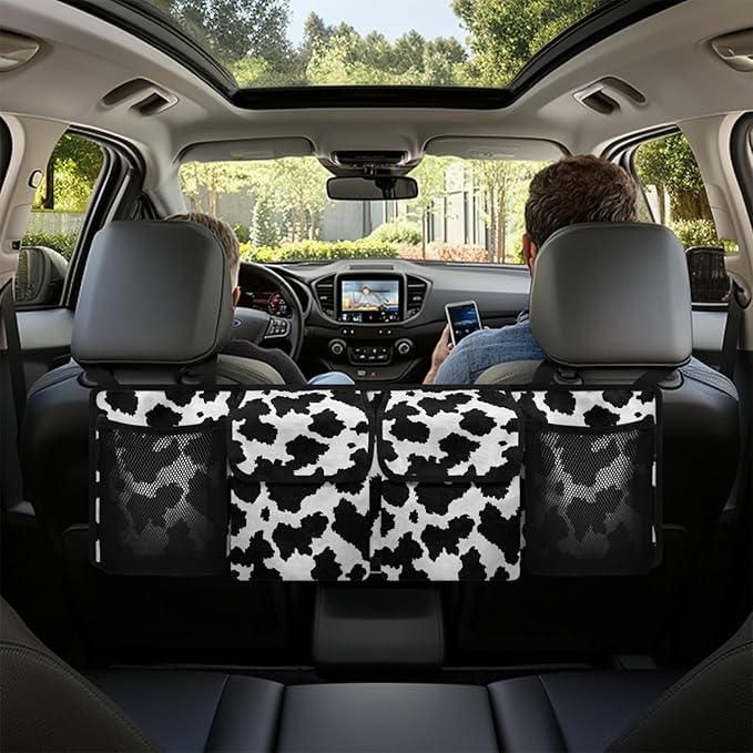 Cow Pattern Trunk Organizer and Storage, Waterproof Backseat Hanging Organizer for SUV, Truck, Collapsible Cargo Storage Bag with 4 Pockets, Car Interior Accessories