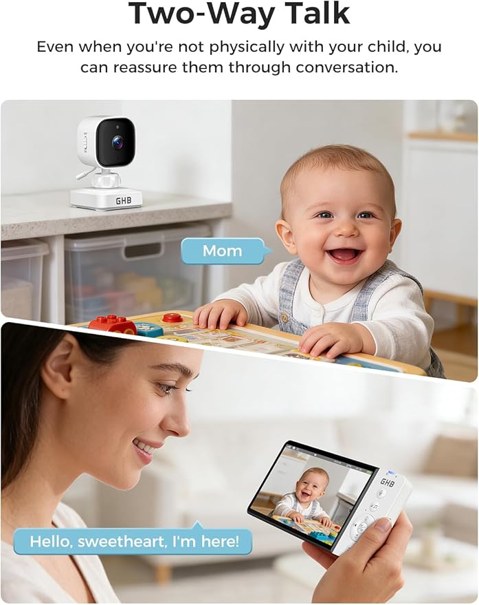 GHB Wireless Baby Car Camera 5" HD, 3500mAh Baby Monitor 2000mAh Camera Non WiFi, Temperature Alert, 720P Night Vision VOX Mode, 360° Rotatable Rear Facing Monitor Baby Essentials Gifts for Home Pets