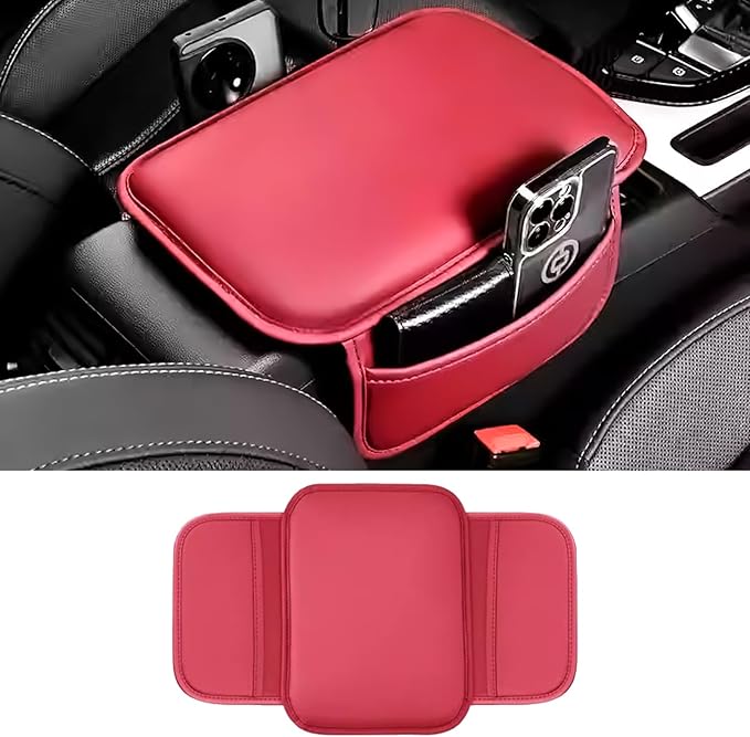 Car Center Console Cover, Leather Comfort Armrest Cover with 2 Storage Bag, Interior Car Accessories Universal Car Arm Rest Cover Pad for Car Decoration and Storage, Fit for Most Vehicle (Red)