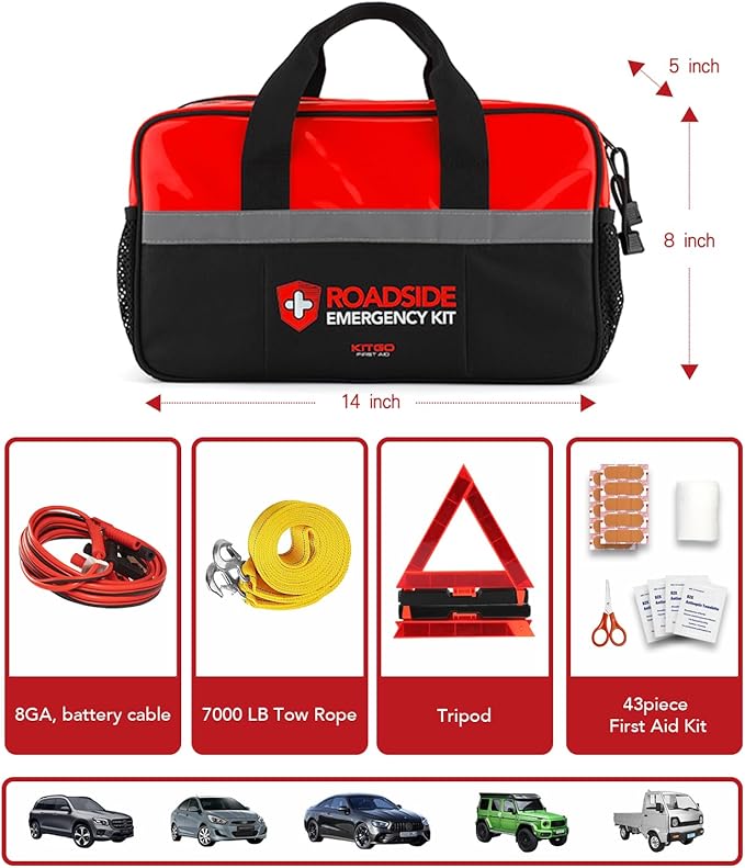 Kitgo Car Emergency Kit,Premium Roadside Assistance Essentials with Jumper Cables, Flashlight, Shovel, Screwdriver Set - Ideal Auto Road Safety Kit, Survival, Truck, RV and More Gift for Father (Red)