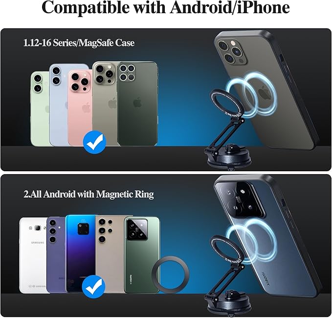 WIWU for MagSafe Car Mount Magnetic Phone Holder 360°Rotation Suction Cup Phone Mount for Car Foldable Adjustable Stable Cradle Compatible with iPhone 17/16/15/14/13/12 Series Android