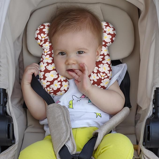 Baby Travel Pillow, Upgrade U-Shape Infant Pillow for Car Seat Pushchair and Stroller, Soft Comfortable Sleep Cushion for Kids Newborn and Toddler -Flower Red