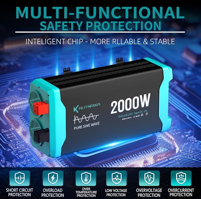 2000W Pure Sine Wave Inverter Peak 4000w 12V DC to 120V AC for RV, Truck, Off-Grid, Home, Solar Car Power Inverter with Dual AC Hardwire Port, 50A Socket, 5V 2.1A USB