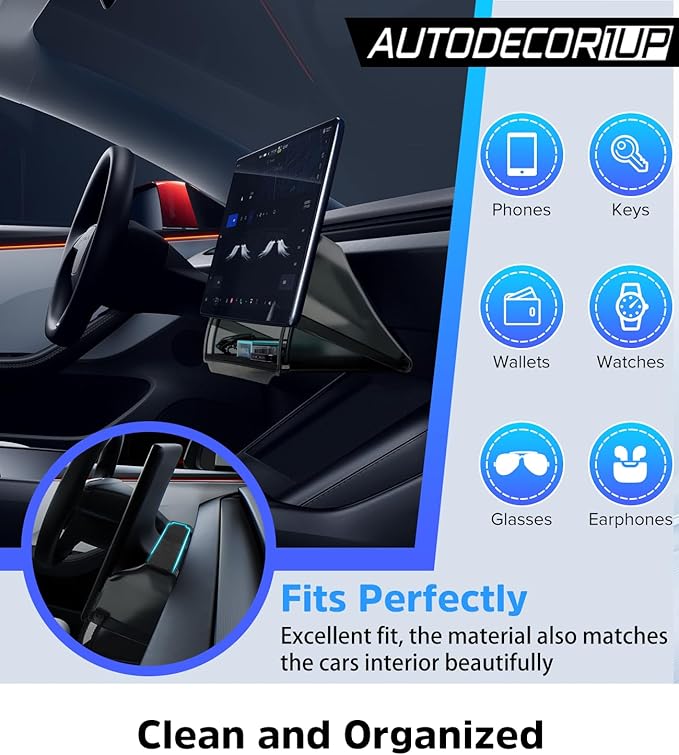 Hidden Under Screen Storage Box for 2016-2026 Tesla Model 3/Y & Model 3 Highland with Silicone Anti-Slip Mat Easy Install Hidden Design Center Console Organizer Tray